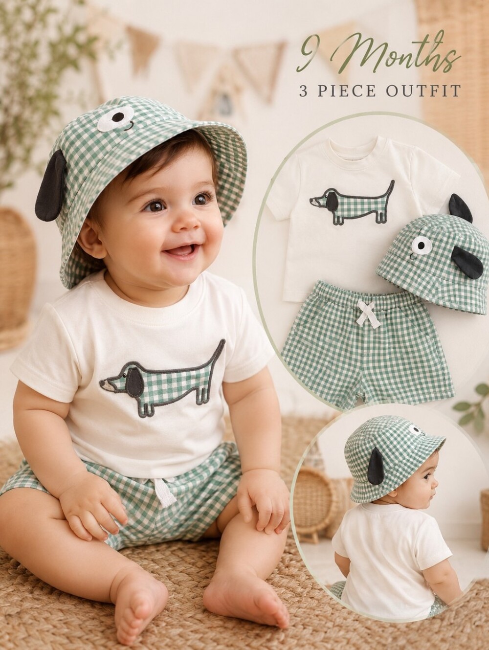Kids 3pcs Matching Set Mint Gingham With Dachshund Applique Size 9M